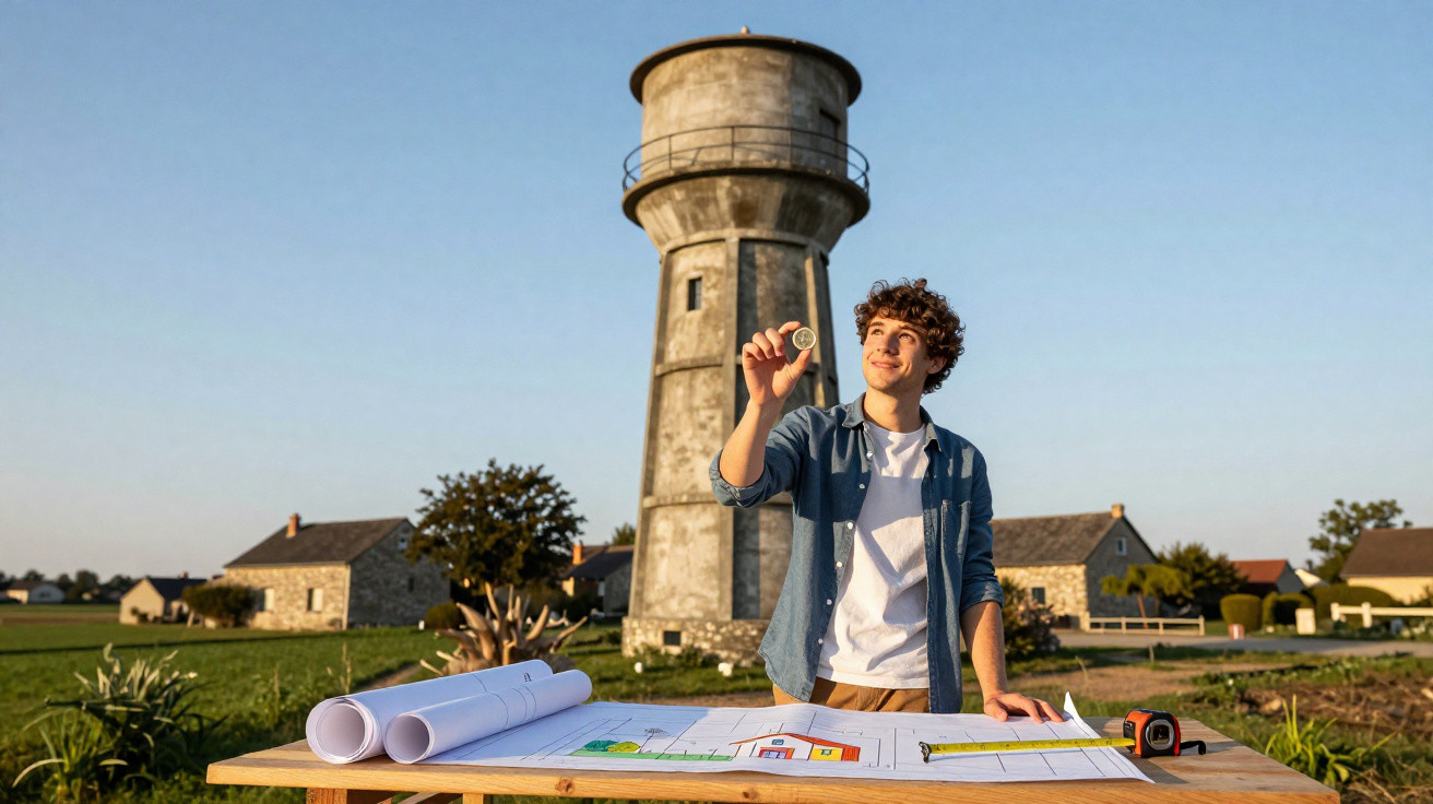 Jovem ao ar livre com projeto arquitetônico em mesa, segurando moeda, com torre de água e casas ao fundo.