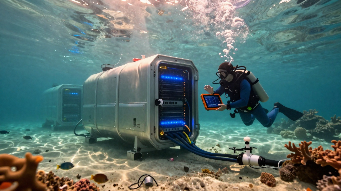 Mergulhador usando equipamento tecnológico verifica uma estrutura subaquática conectada por cabos no fundo do mar.