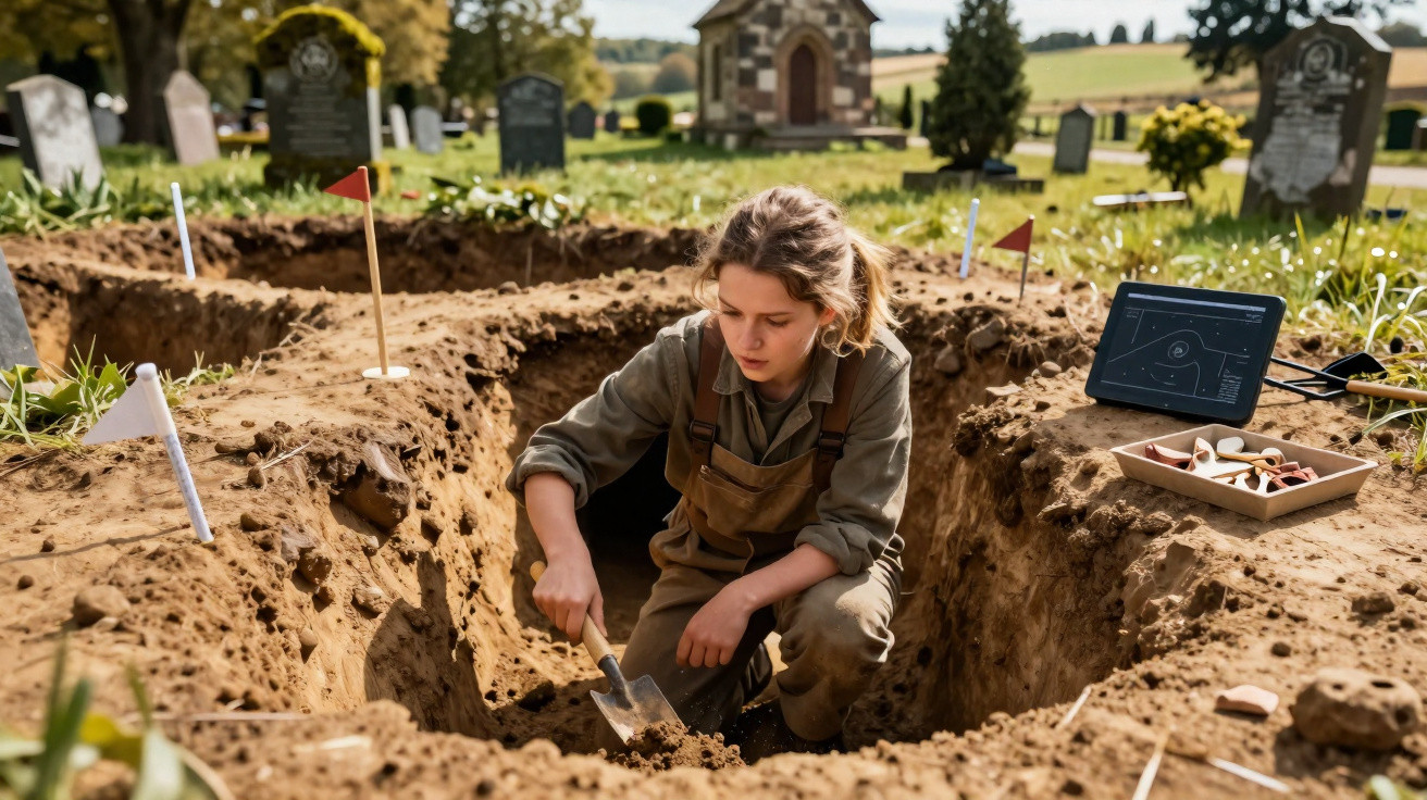 Jovem arqueóloga escavando em sítio arqueológico próximo a um cemitério em área rural.