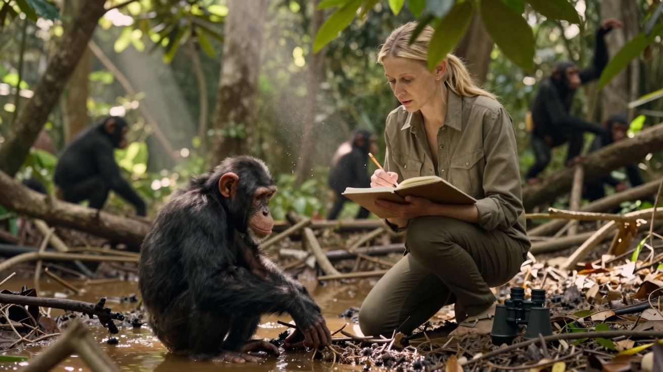 Mulher vestindo roupa verde observa e anota em caderno enquanto chimpanzé está sentado num riacho na floresta.