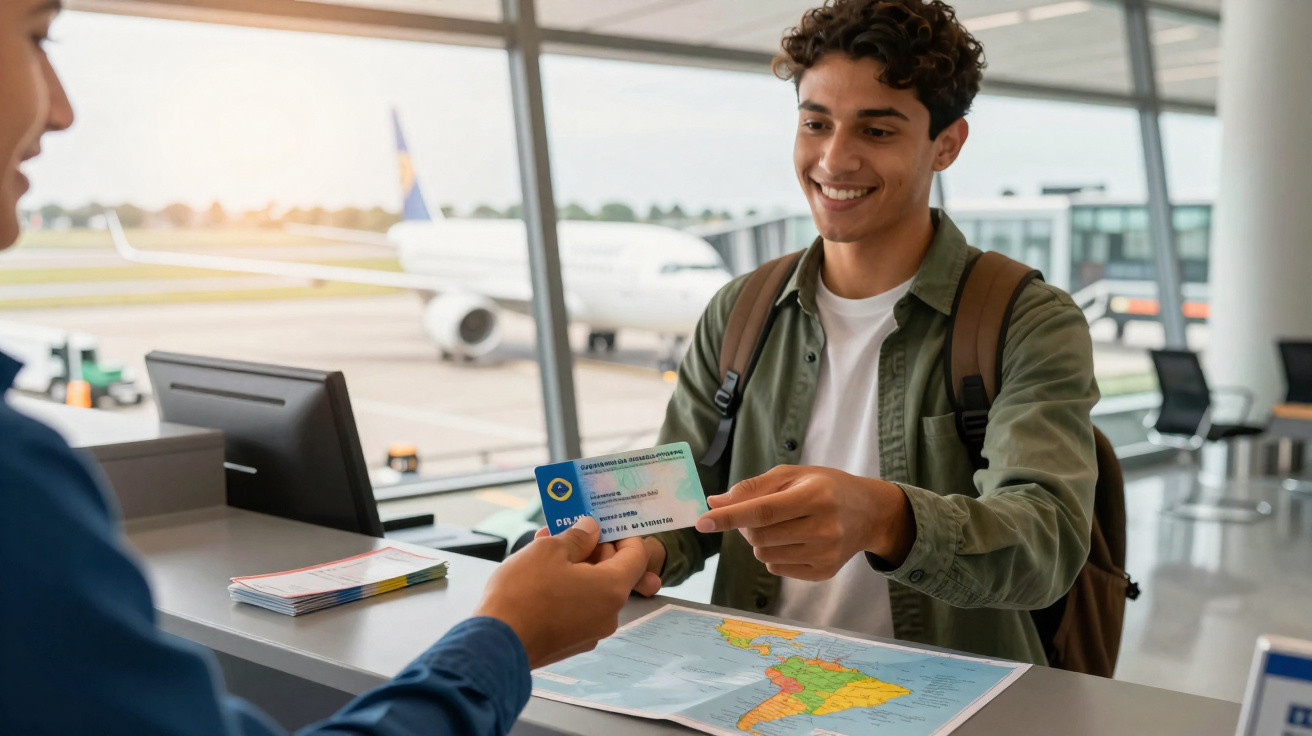 Jovem sorridente mostra documento em balcão de atendimento no aeroporto, avião visível ao fundo.