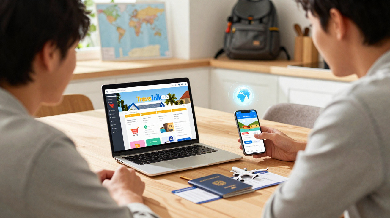 Duas pessoas consultando um site de viagens em laptop e celular, com passaporte e itens de viagem sobre a mesa.