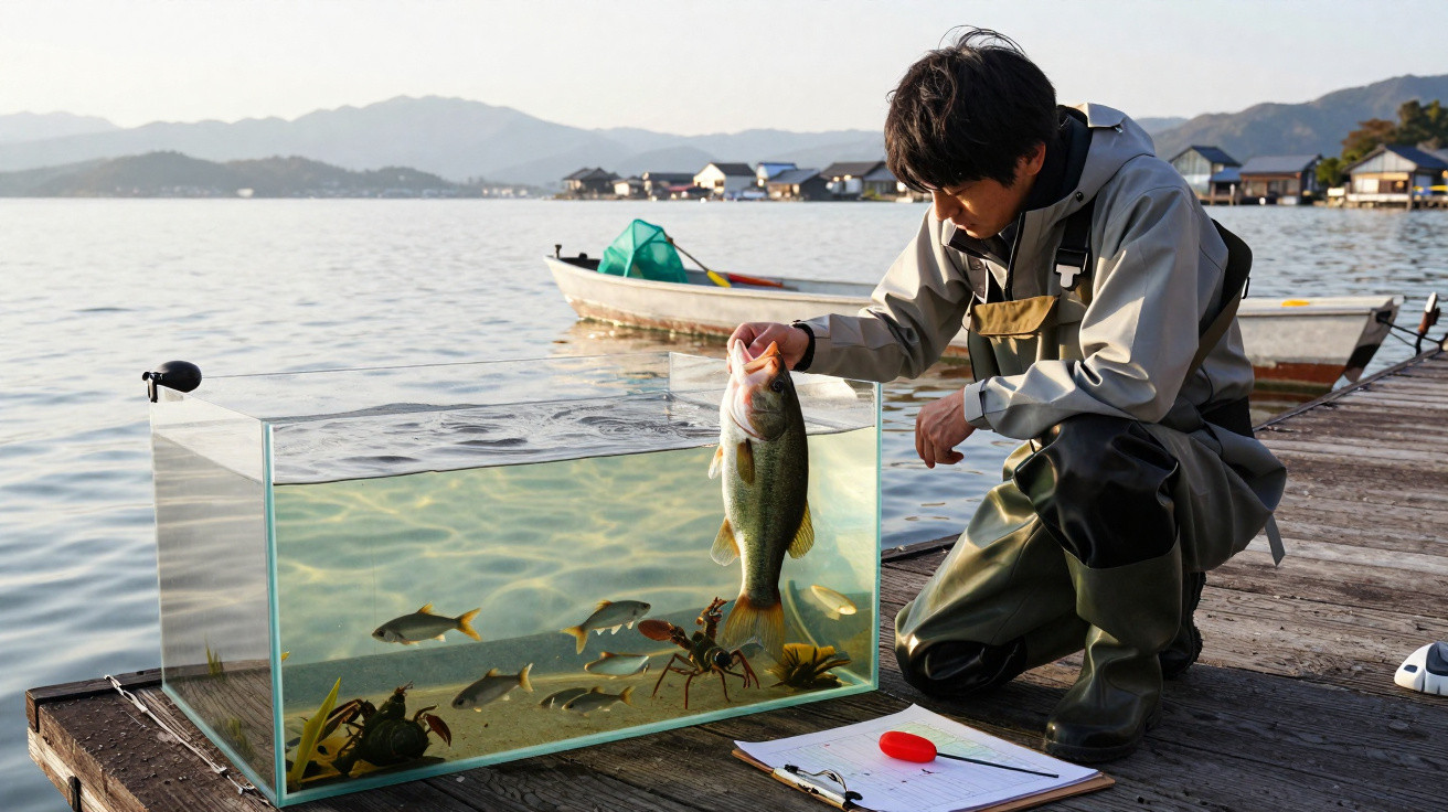 Homem com roupa de pesca segurando um peixe grande ao lado de um aquário transparente com peixes menores em um cais.