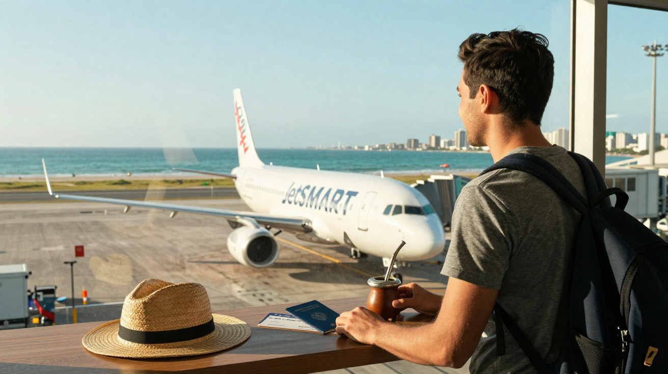 Homem com mochila observa avião da JetSMART no aeroporto segurando chimarrão e passaporte na mão.