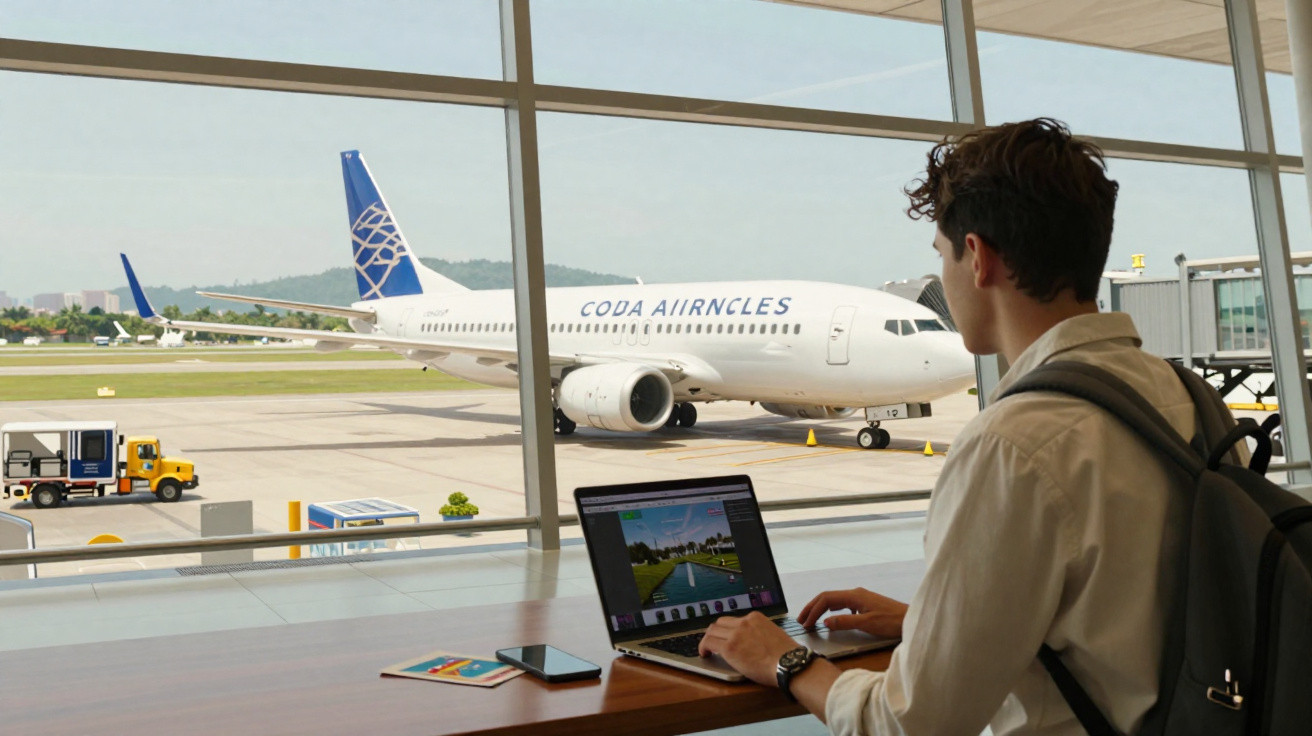 Homem usando notebook com mochila, observando avião da Copa Airlines no aeroporto através da janela.
