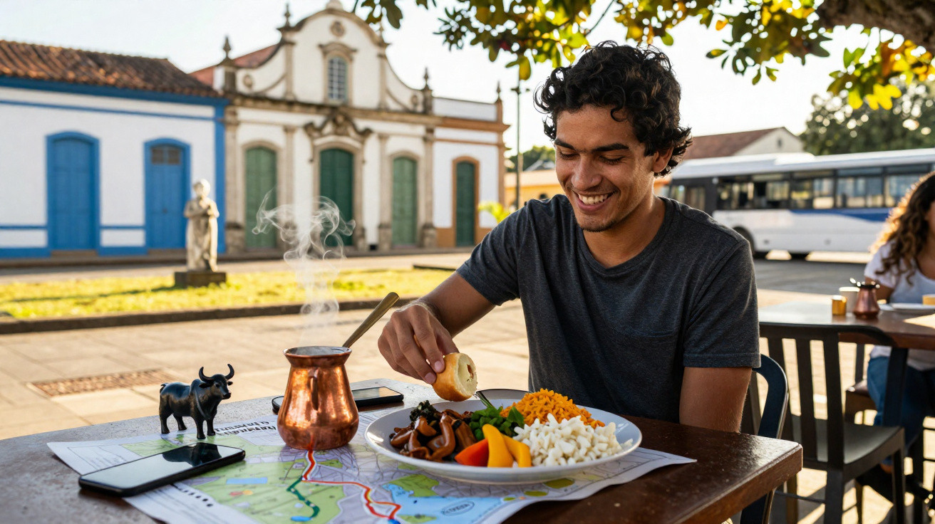 Jovem sorrindo saboreando refeição ao ar livre com vista para casarões coloniais históricos.