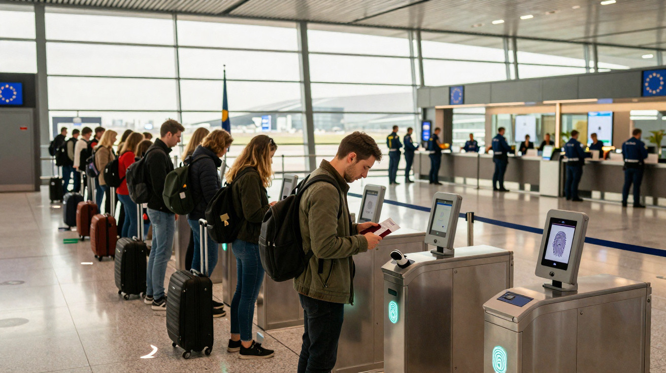 Passageiros em fila usam totens de reconhecimento biométrico para controle de embarque em aeroporto moderno.