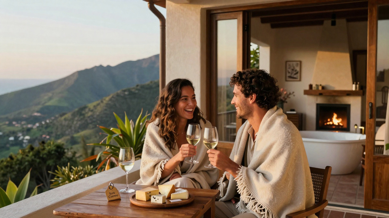 Casal brindando com taças de vinho em varanda com manta, mesa com queijos e vista para montanhas ao pôr do sol.