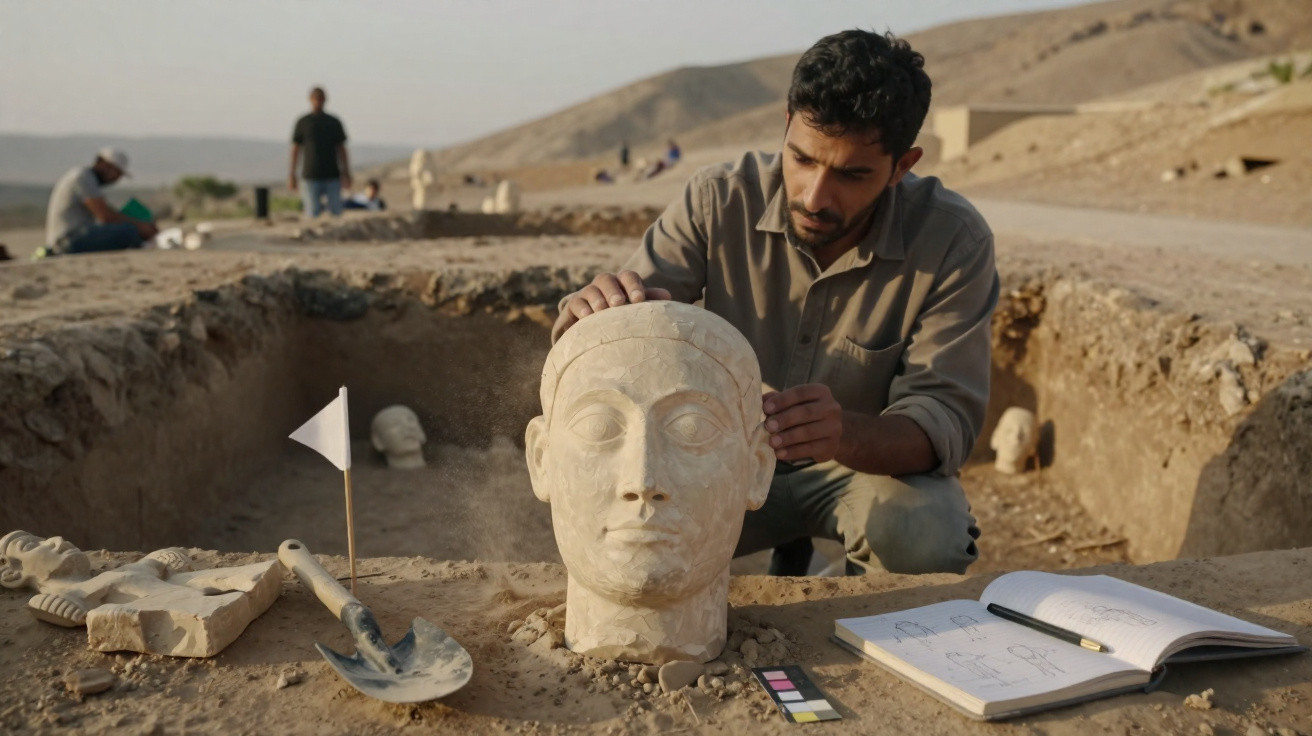 Arqueólogo examina cabeça de escultura antiga em escavação arqueológica ao ar livre no deserto.