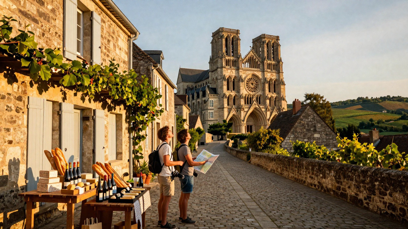Turistas com mapa em rua de pedra próximo a feira com baguetes e vinhos, catedral ao fundo ao pôr do sol.