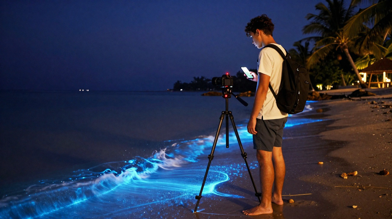 Jovem com mochila e câmeras na beira da praia à noite, observando ondas bioluminescentes azuis.