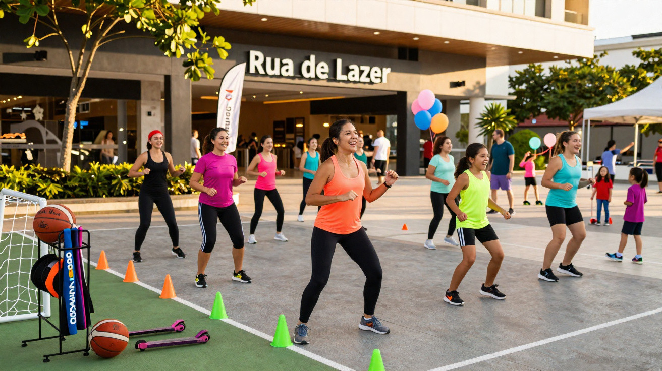 Grupo de mulheres e meninas fazendo atividade física ao ar livre em área chamada Rua de Lazer.