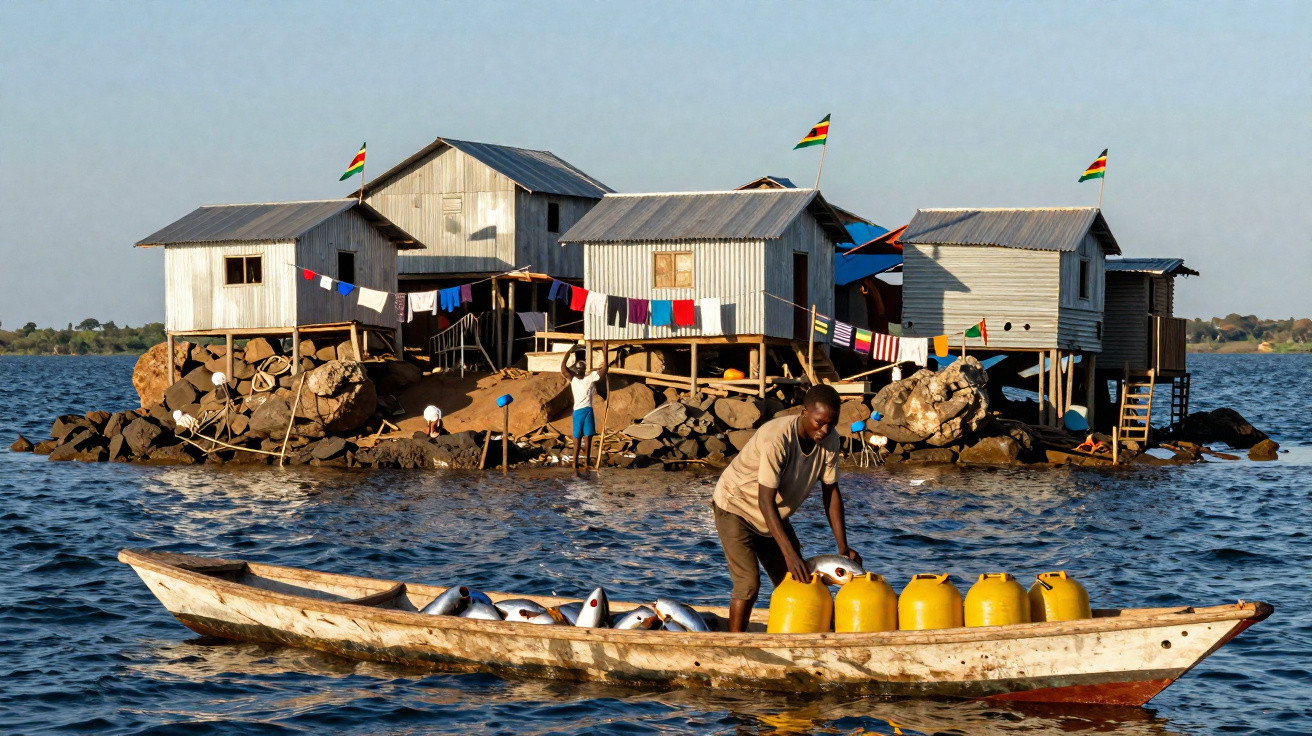Homem em canoa com peixes e galões na água perto de casas de palafitas com bandeiras coloridas.