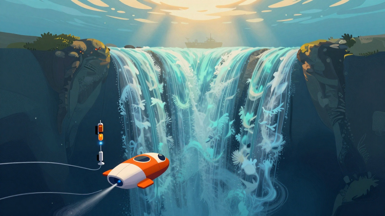 Submarino laranja explorando cascata com criaturas marinhas fantasmagóricas e navio ao fundo sob luz solar.