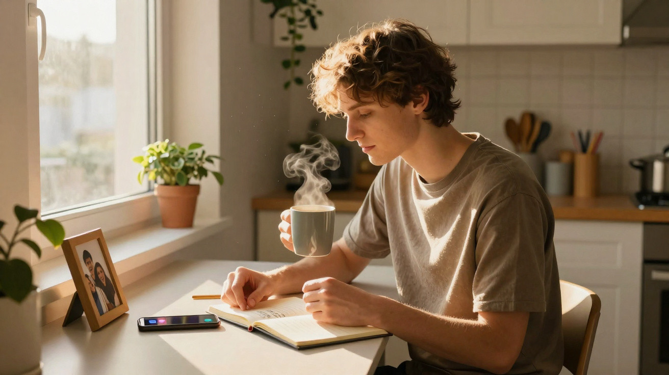 Jovem sentado em cozinha iluminada pela manhã lendo livro e segurando caneca com bebida quente.