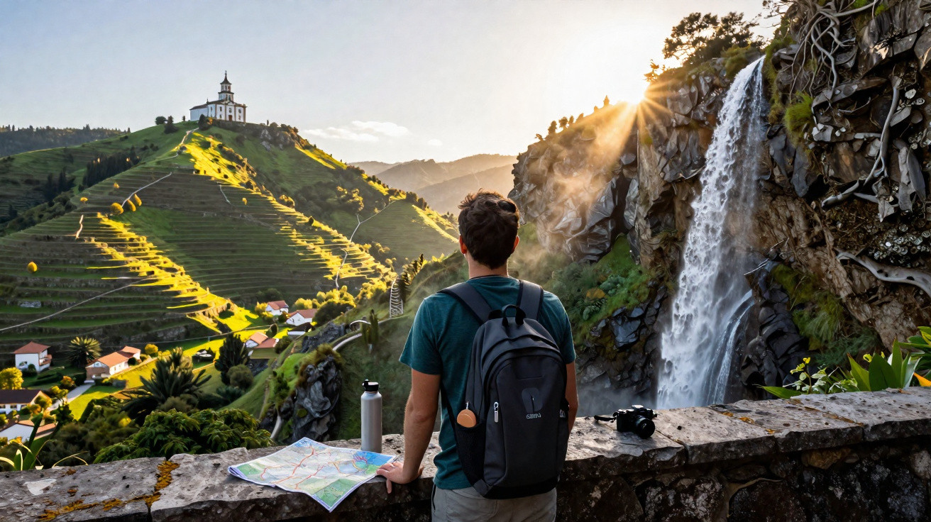 Homem com mochila observa cachoeira e igreja no topo de morro ao pôr do sol em paisagem verde.