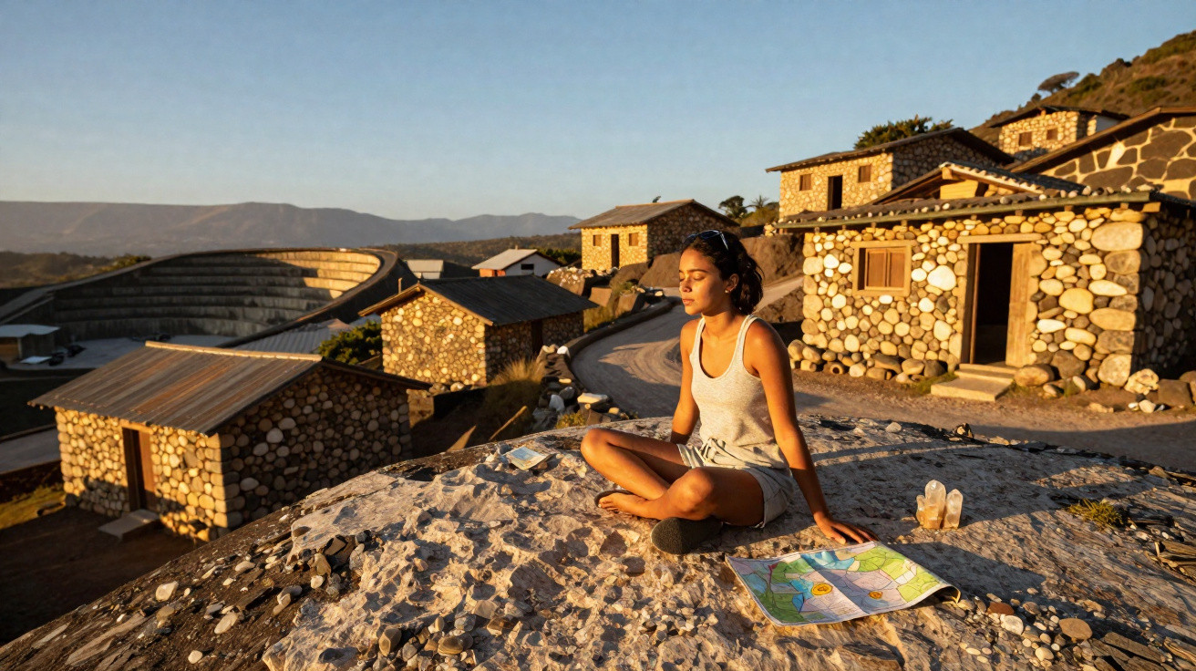 Mulher sentada de pernas cruzadas em rocha com mapa, rodeada por casas de pedra ao pôr do sol.
