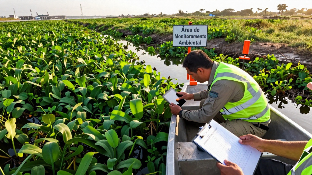 Dois homens com coletes refletores em barco próximo a placa de monitoramento ambiental e plantas aquáticas.