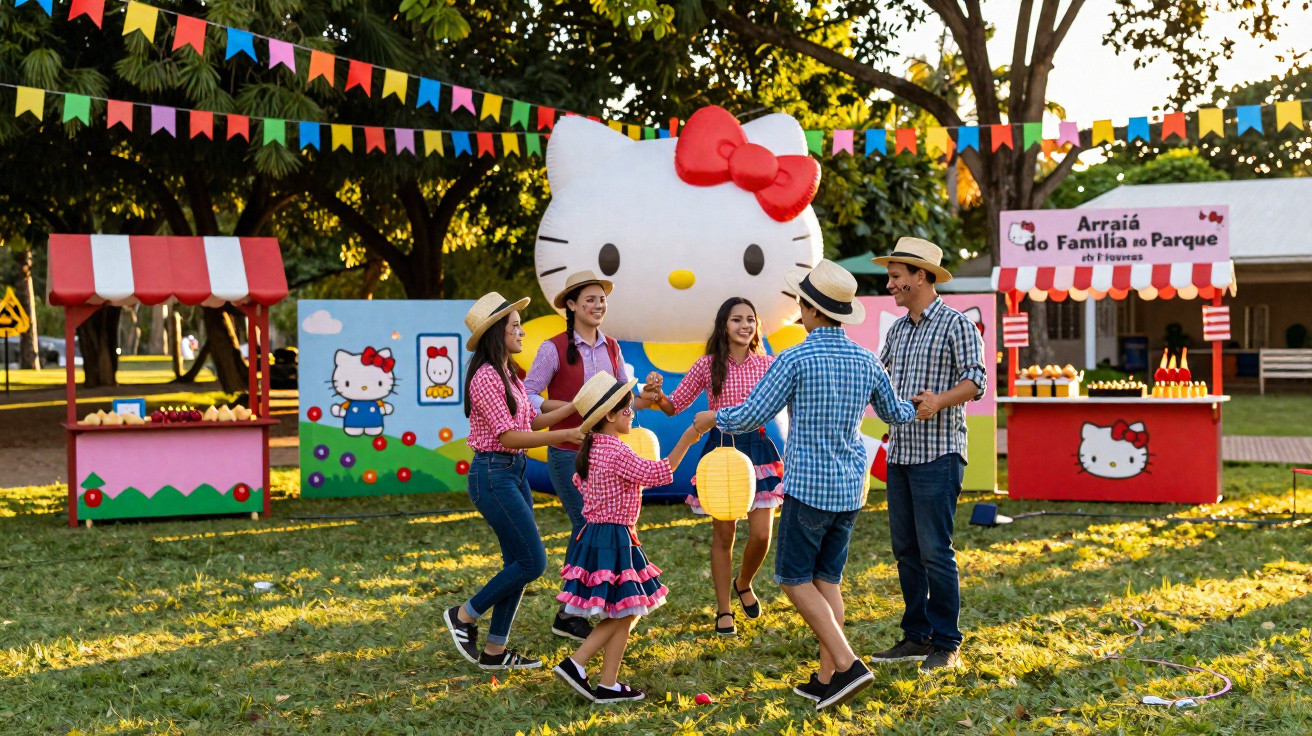 Família vestida em roupas caipiras dança em círculo em festa junina ao ar livre com decoração da Hello Kitty.