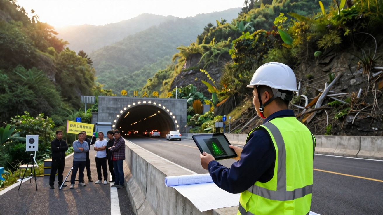 Engenheiro com colete e capacete monitora túnel rodoviário em área montanhosa ao entardecer.