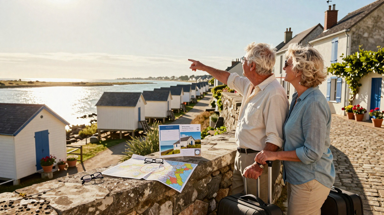 Casal idoso de turismo olhando para o mar ao lado de chalés brancos com mapas ao redor.