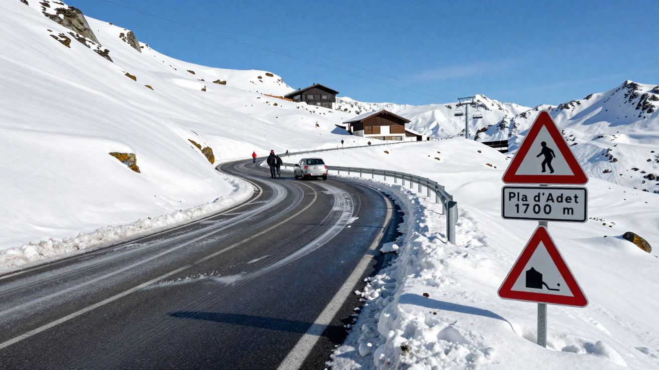 Estrada sinuosa com neve, placas de aviso e casas em área montanhosa coberta de neve.