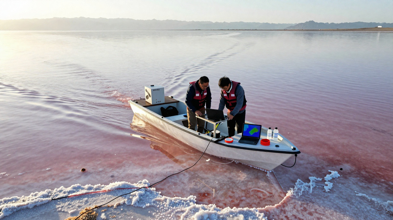 Dois homens com coletes salva-vidas em barco pequeno coletando dados em lago salgado com água rosada.