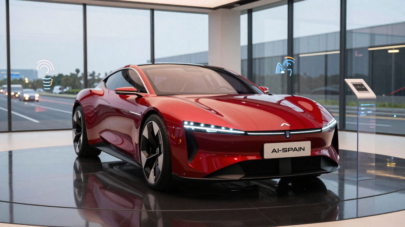 Carro esportivo vermelho futurista em exposição com iluminação interna e visor digital próximo.