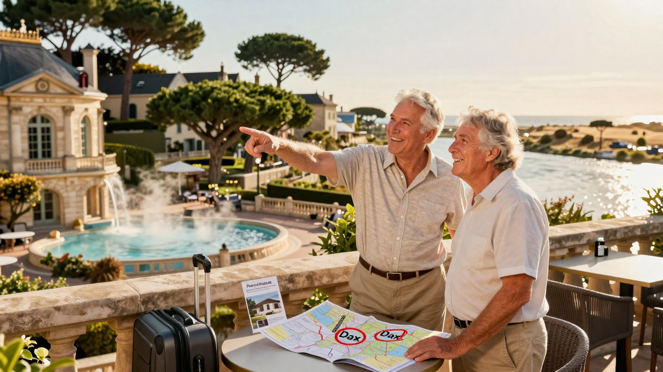Dois homens idosos felizes observando a paisagem turística com mapa sobre mesa e mala de viagem ao lado.