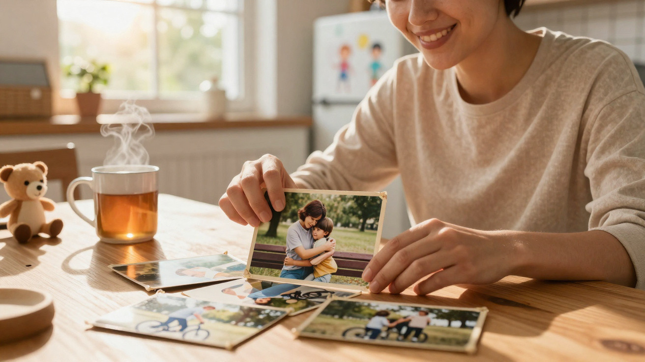 Pessoa sorrindo revisita fotos impressas de momentos familiares enquanto toma chá quente em uma mesa iluminada.
