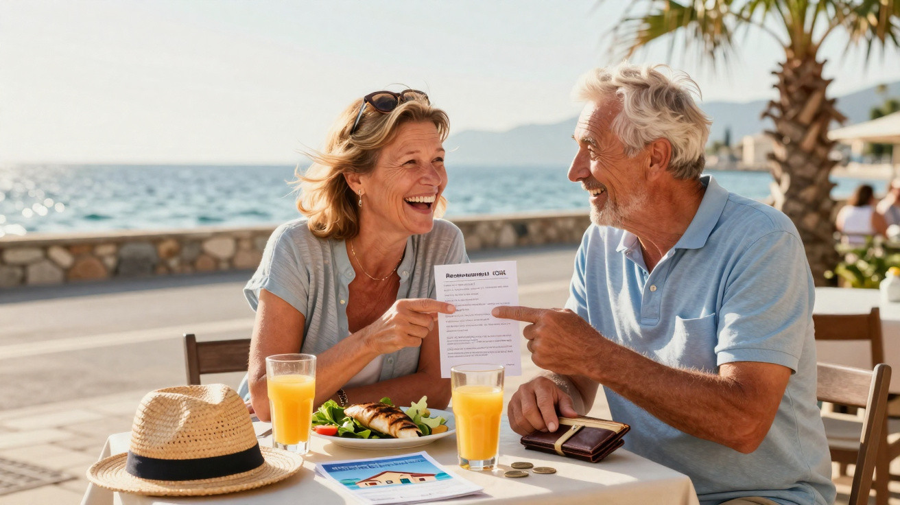 Casal idoso alegre sentado à mesa na praia, segurando documento e com suco e comida à frente.