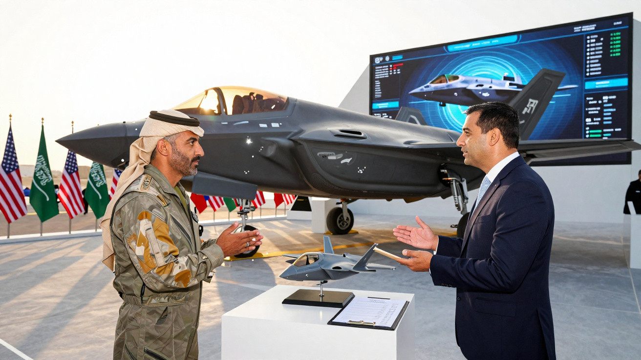 Dois homens conversam diante de um caça furtivo e maquete, com bandeiras dos EUA e Arábia Saudita ao fundo.