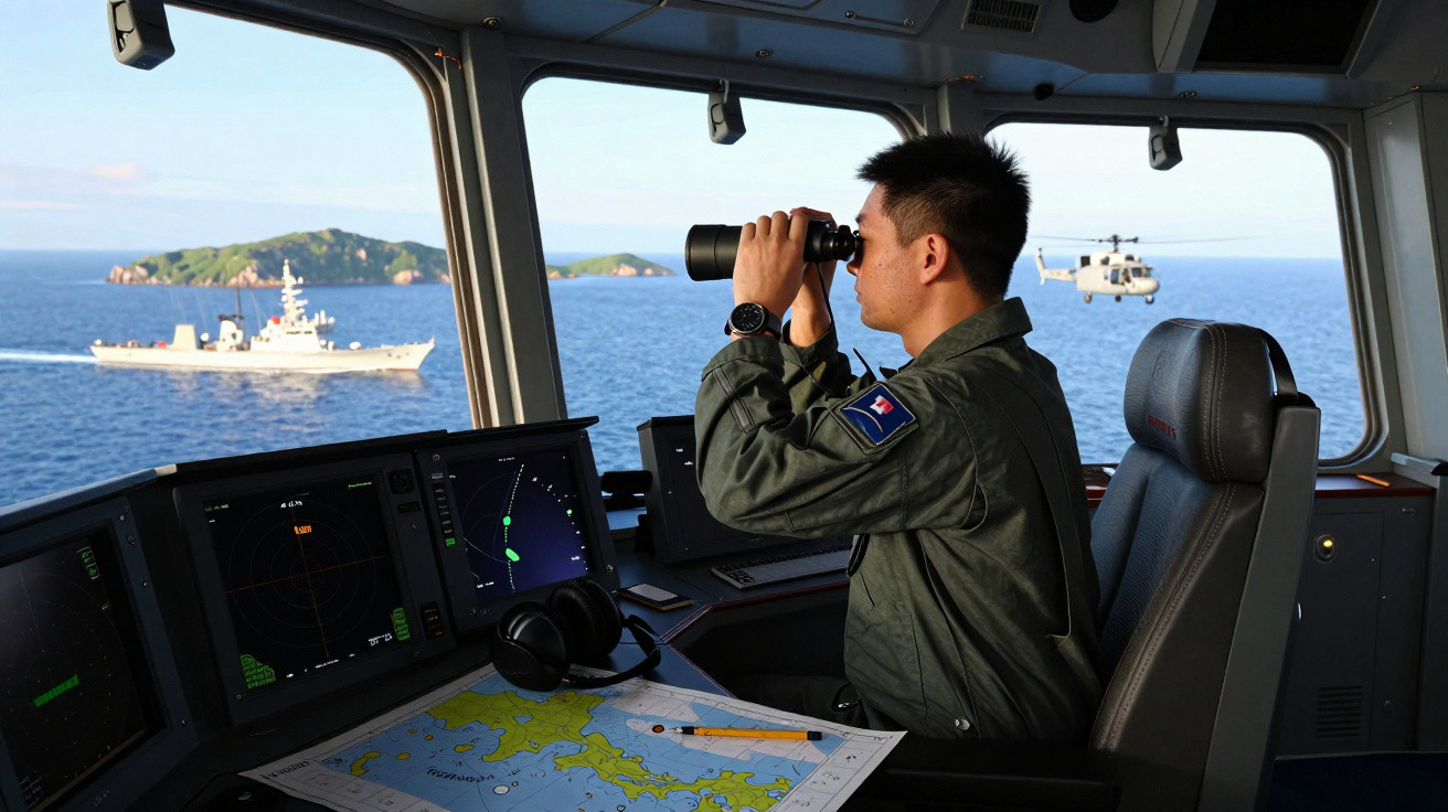 Militar em posto de observação naval usando binóculo, com mapas e equipamentos de navegação à sua frente.