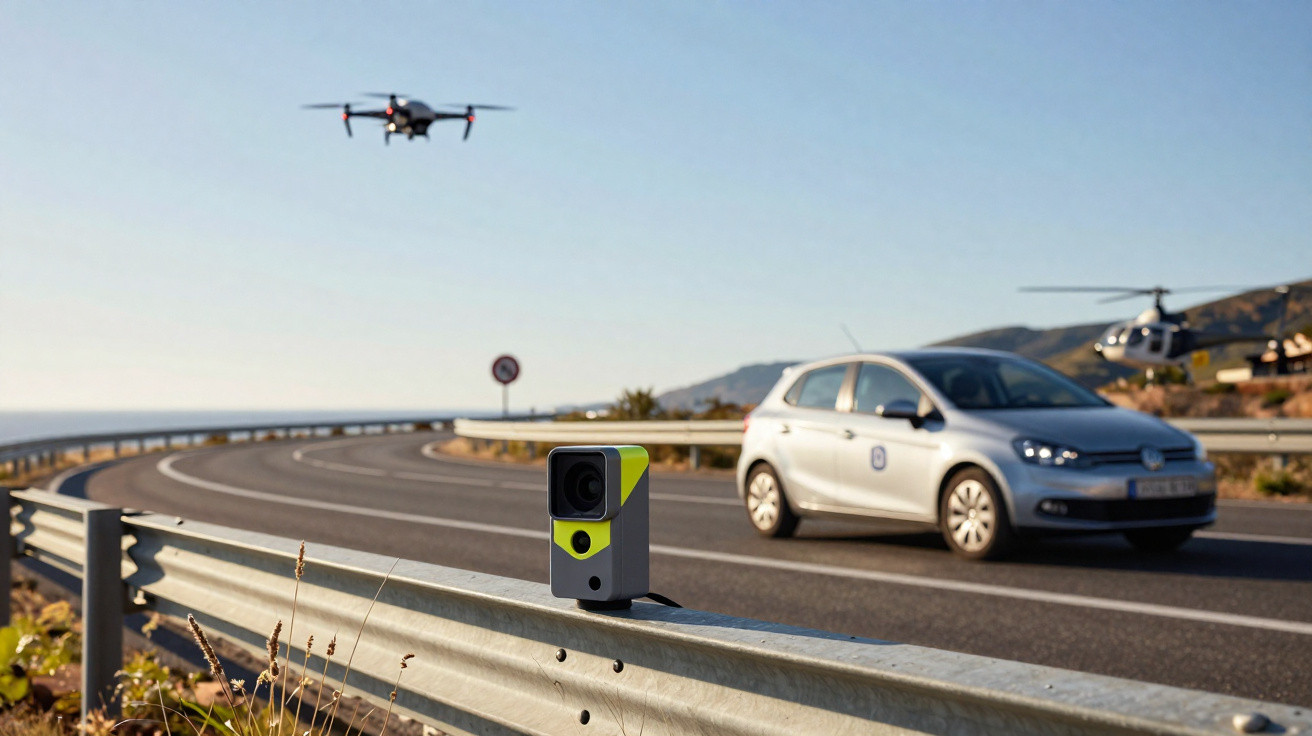 Radar amarelo e preto fixado em guardrail próximo a estrada com carro, drone e helicóptero no céu ao fundo.