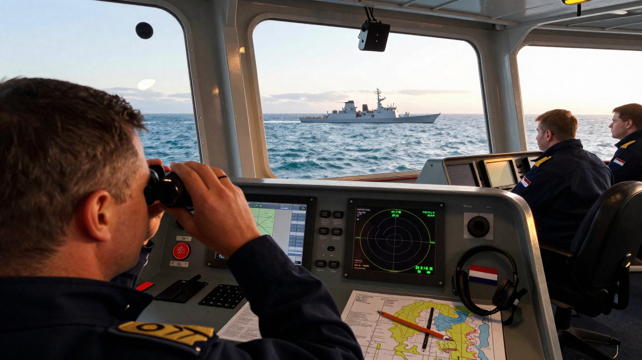 Marinheiro observa navio de guerra pelo binóculo na ponte de comando com radar e mapas náuticos.