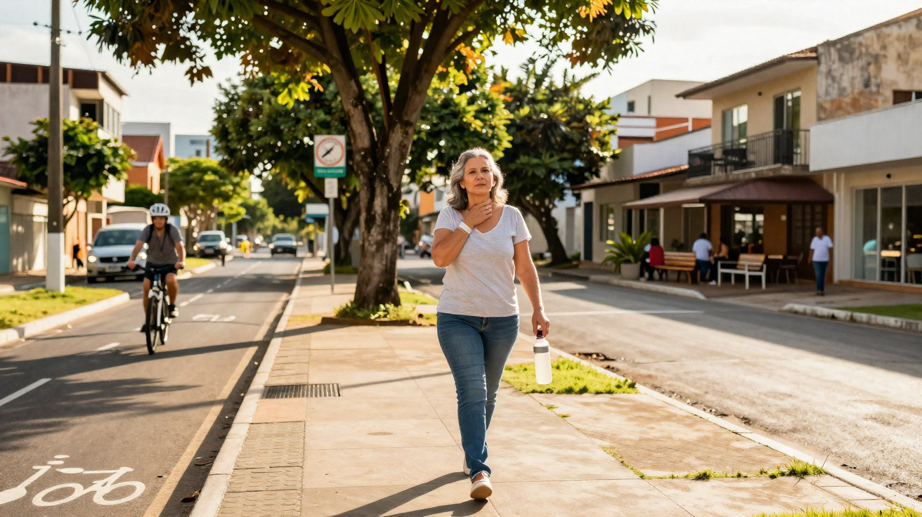Mulher caminhando com garrafa de água em calçada de bairro residencial ao entardecer.