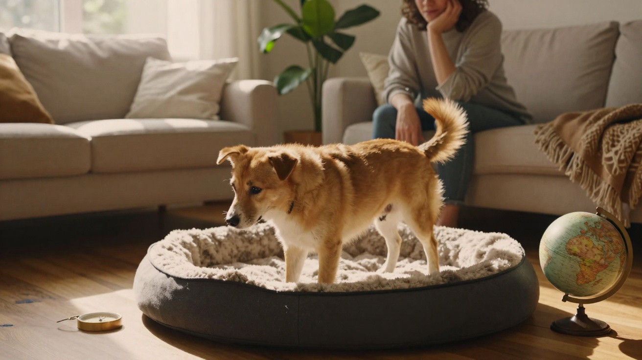 Cachorro marrom em cama confortável, com mulher pensativa ao fundo em sala iluminada.
