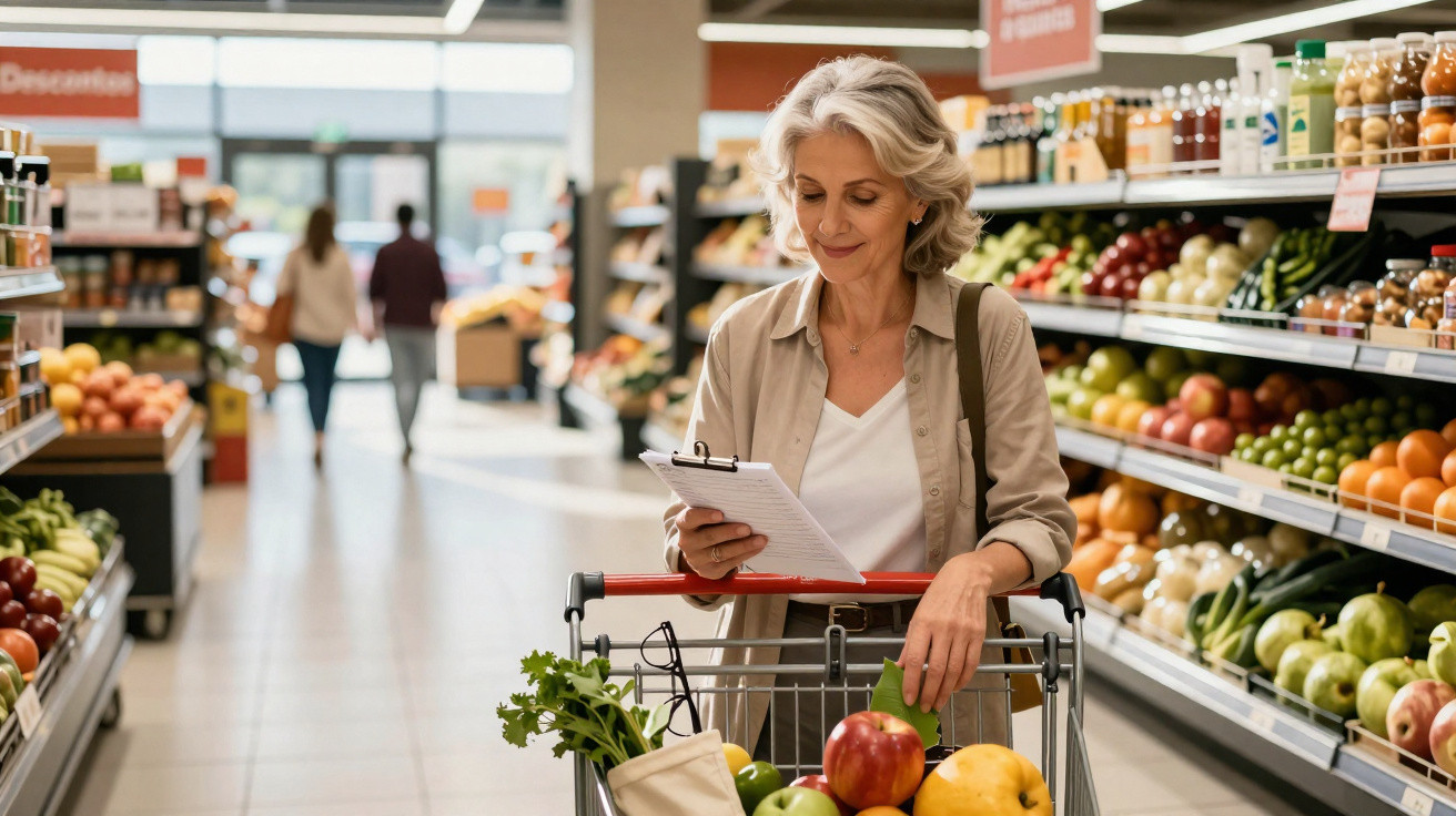 Mulher madura lendo lista de compras enquanto empurra carrinho em corredor de supermercado com frutas.