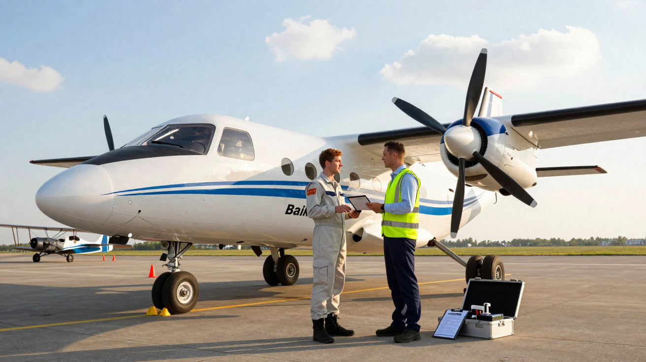 Dois homens em uniforme conversam ao lado de um avião pequeno em pista de aeroporto ensolarado.