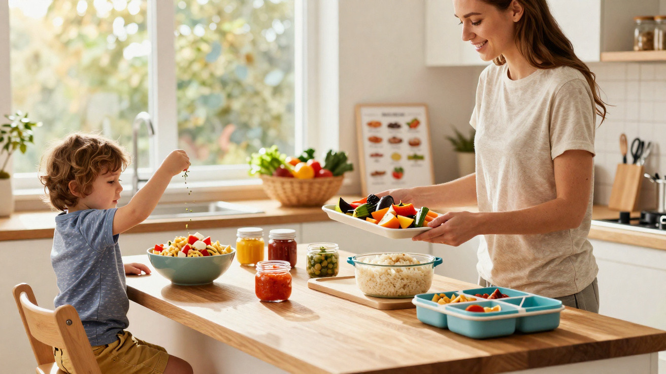Criança tempera salada enquanto mulher prepara pratos com vegetais na cozinha ensolarada