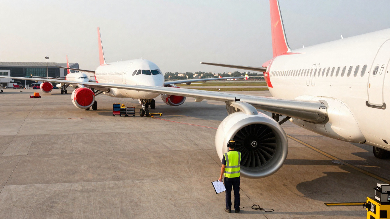 Homem com colete refletivo inspeciona motor de avião estacionado em pista de aeroporto ao amanhecer.