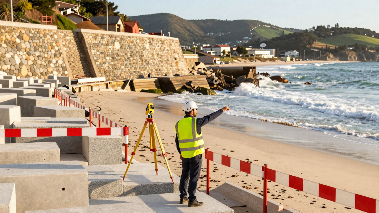 Engenheiro com colete e capacete realiza levantamento geotécnico em praia com mar agitado e montanhas ao fundo.