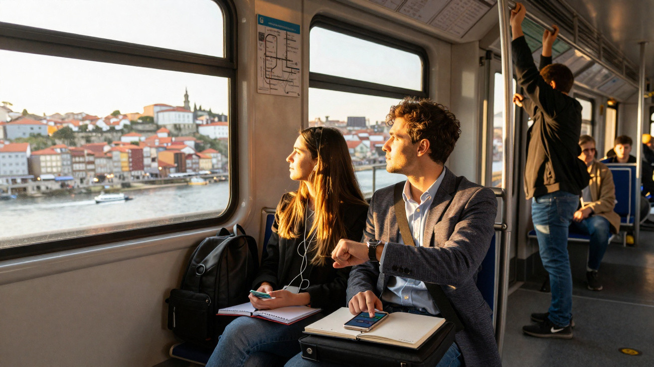 Dupla sentada em transporte público, olhando pela janela para cidade ao pôr do sol.