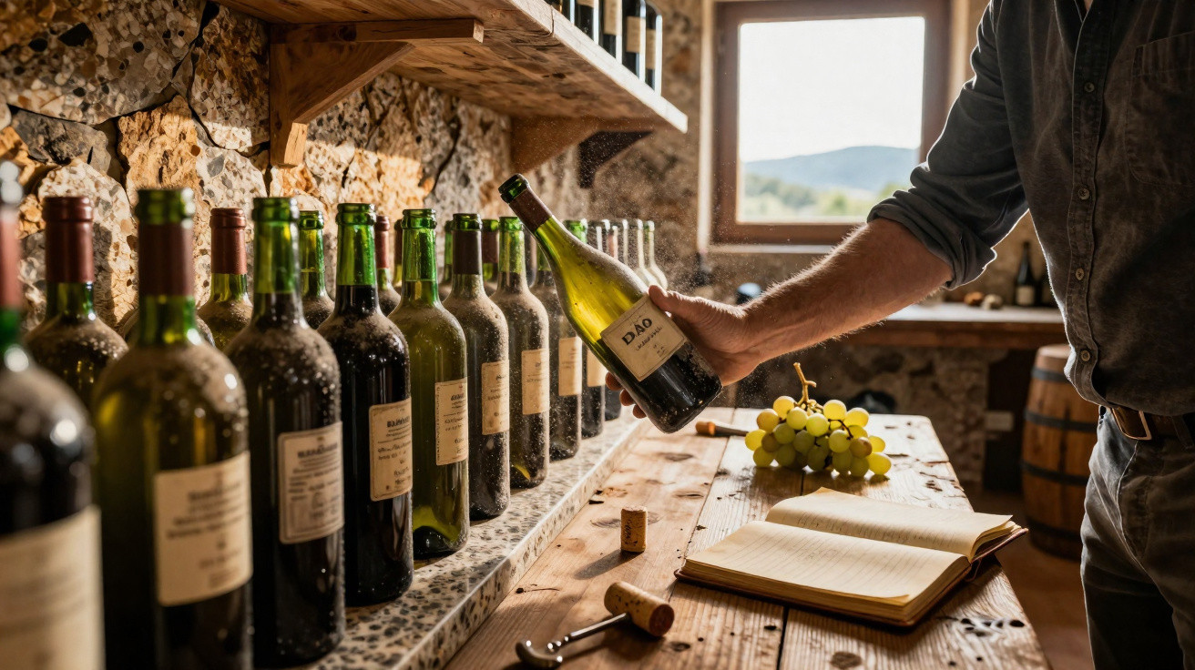 Pessoa retirando vinho branco de garrafa em adega rústica com várias garrafas e caderno aberto na mesa de madeira.