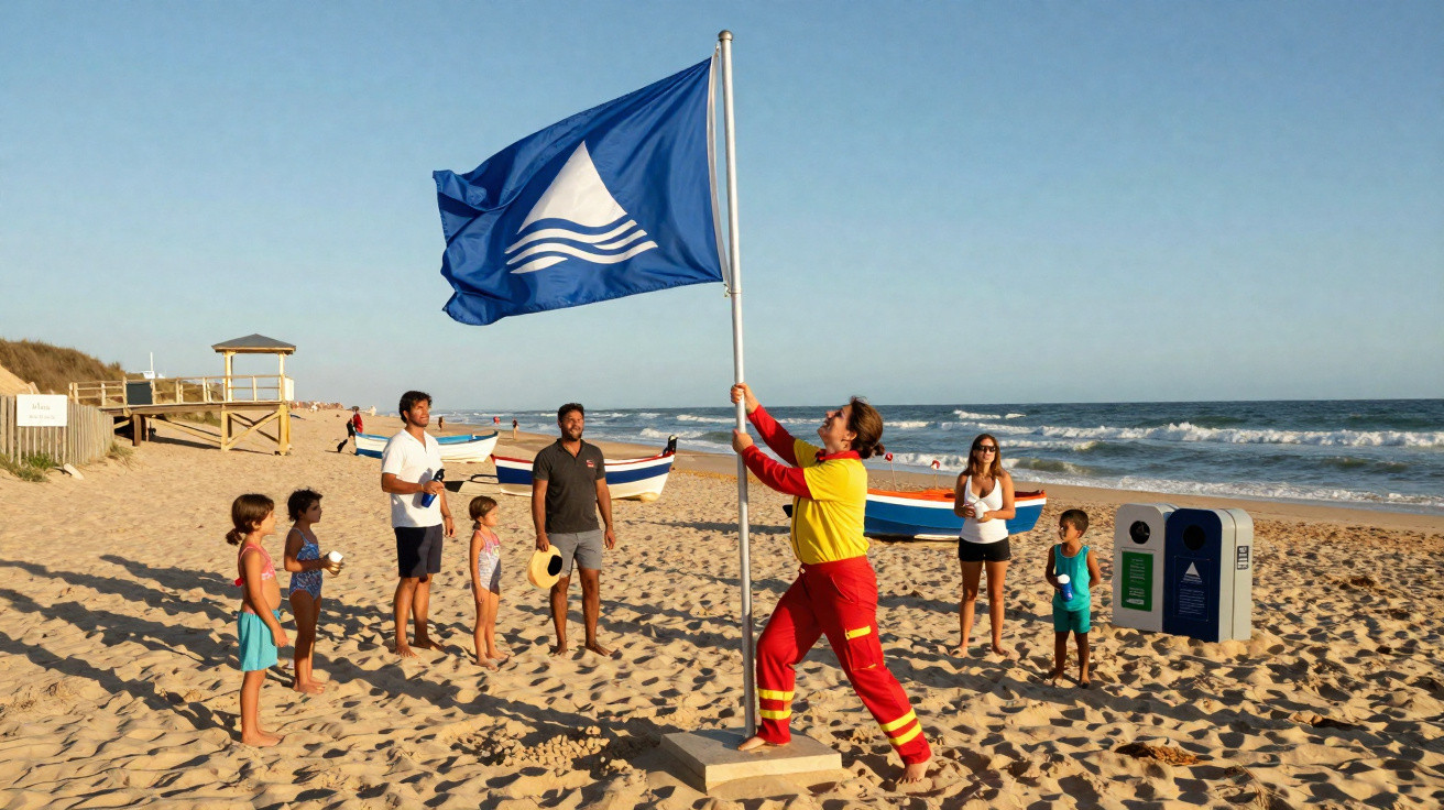 Salva-vidas hasteando bandeira azul em praia com crianças e adultos observando ao redor.