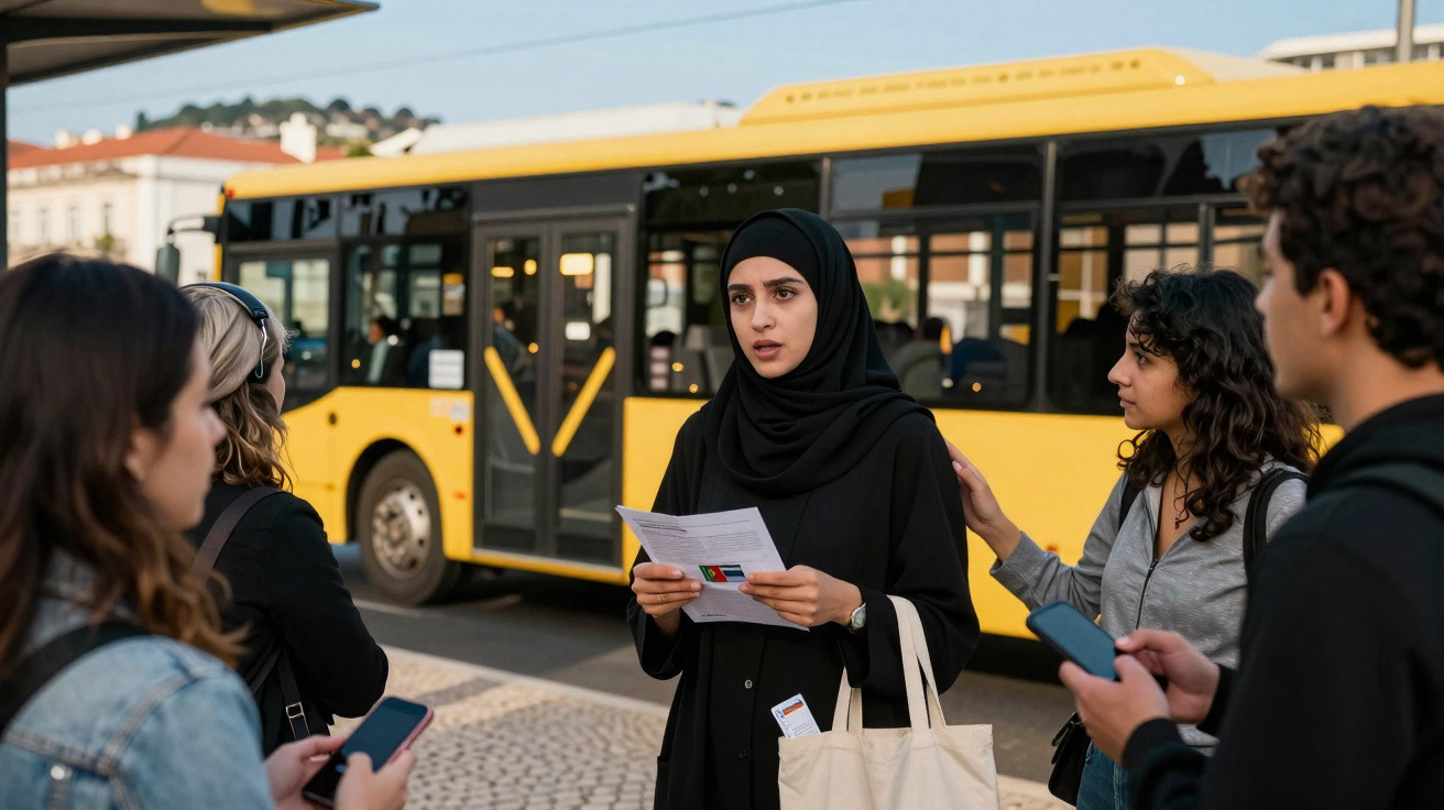 Jovem de véu segurando papéis conversa com grupo próximo a ponto de ônibus amarelo na cidade.