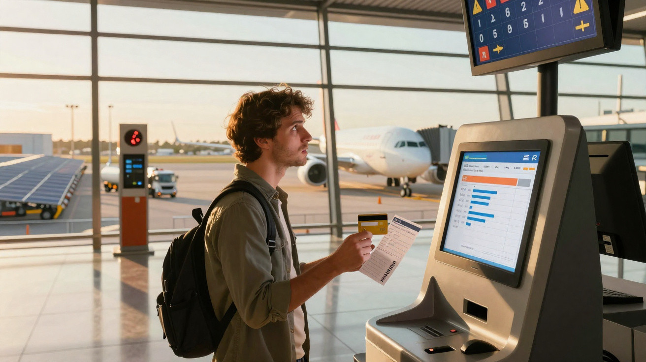 Homem com mochila usa totens de autoatendimento em aeroporto com avião ao fundo.