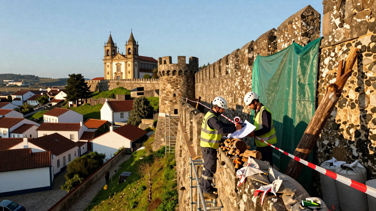 Dois trabalhadores com capacetes e coletes refletores analisam plantas na restauração de uma parede de pedra histórica.