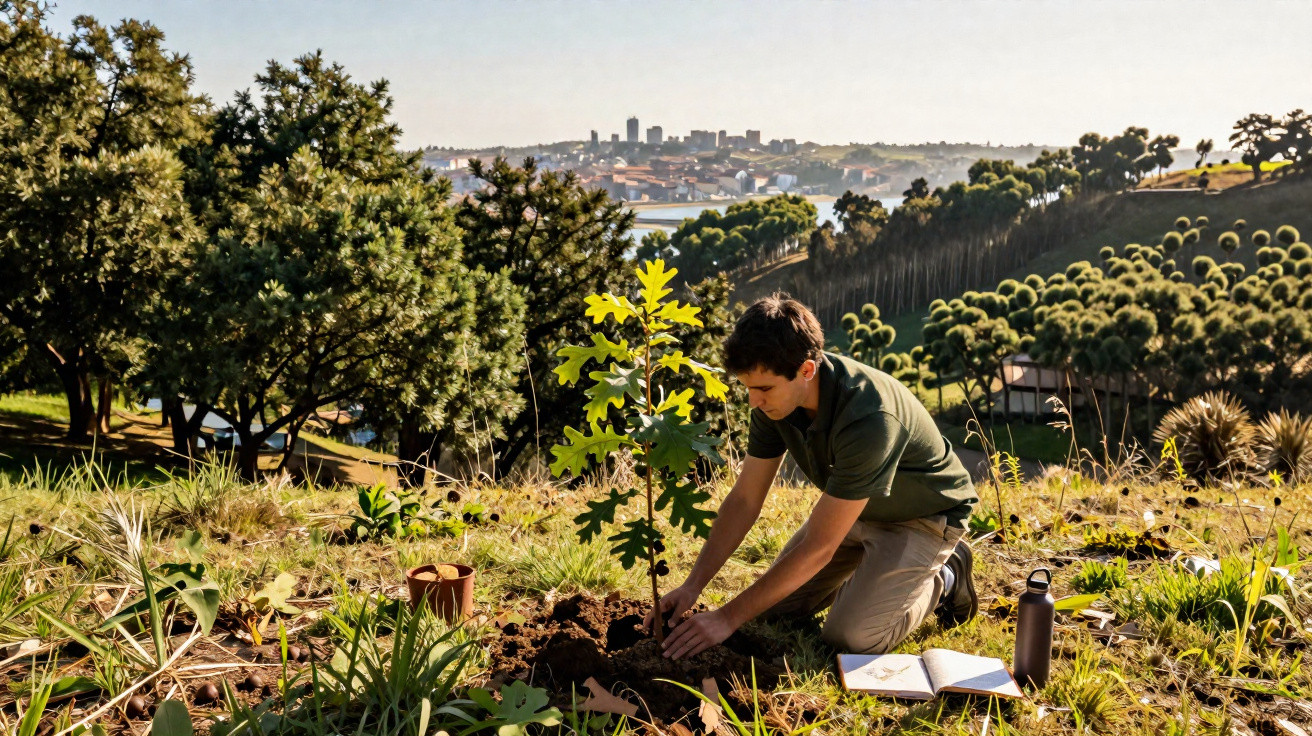 Homem plantando árvore jovem em área verde com caderno e garrafa ao lado e cidade ao fundo.