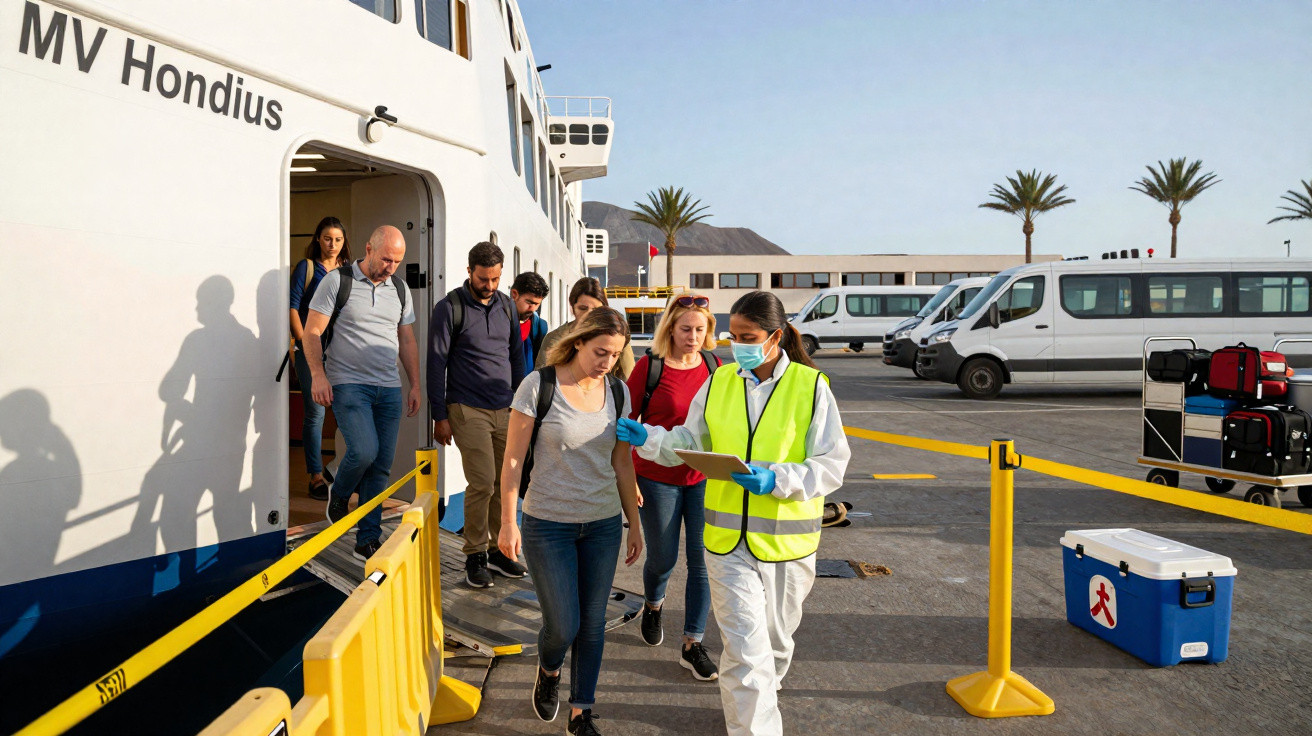 Passageiros desembarcando do navio MV Hondius com controle de saúde realizado por profissional com EPI.